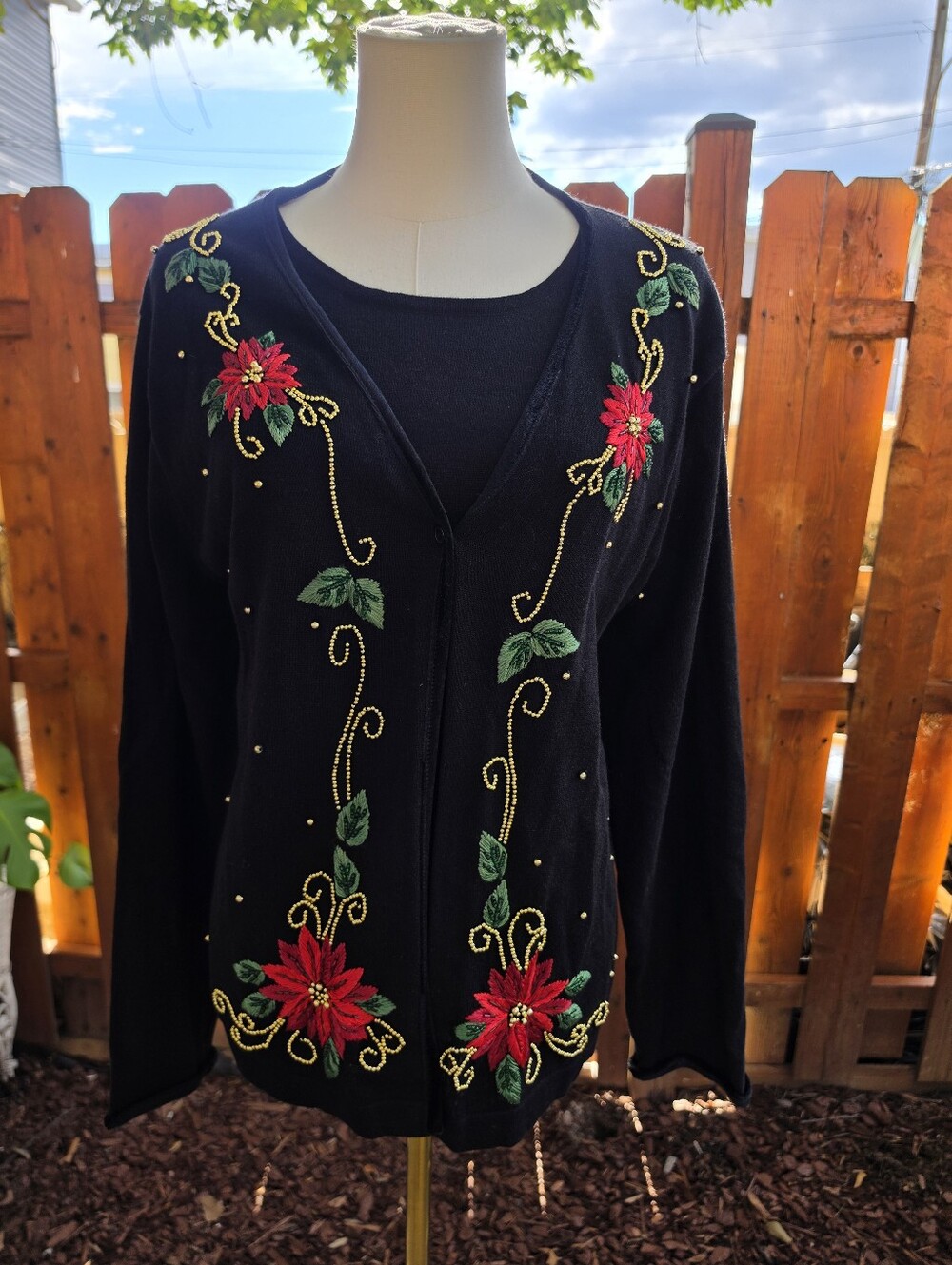 Vintage Womens Embroidered Poinsettia Layered LookCardigan Classic Holiday